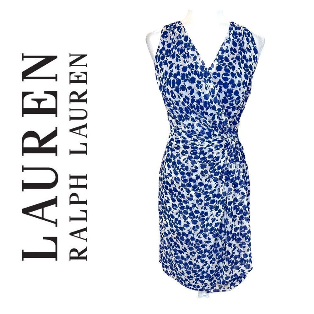 LAUREN RALPH LAUREN Faux Wrap Chiffon Sleeveless Dress Blue/White 4 EUC